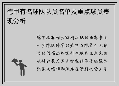 德甲有名球队队员名单及重点球员表现分析